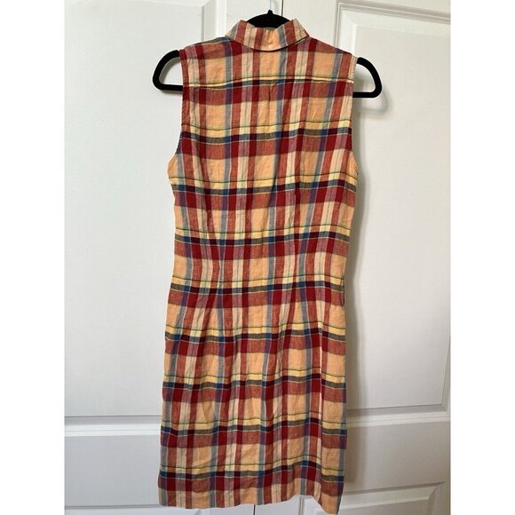 Vintage Ralph Ralph Lauren Yellow Red Plaid Linen Sleeveless Button Front Dress - Picture 2 of 4
